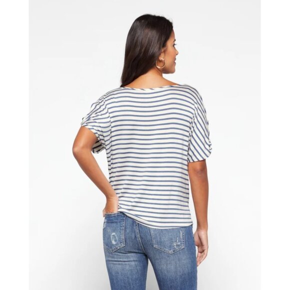 Colette Romey Cold Shoulder Knit Top White Navy Large - Picture 4 of 13